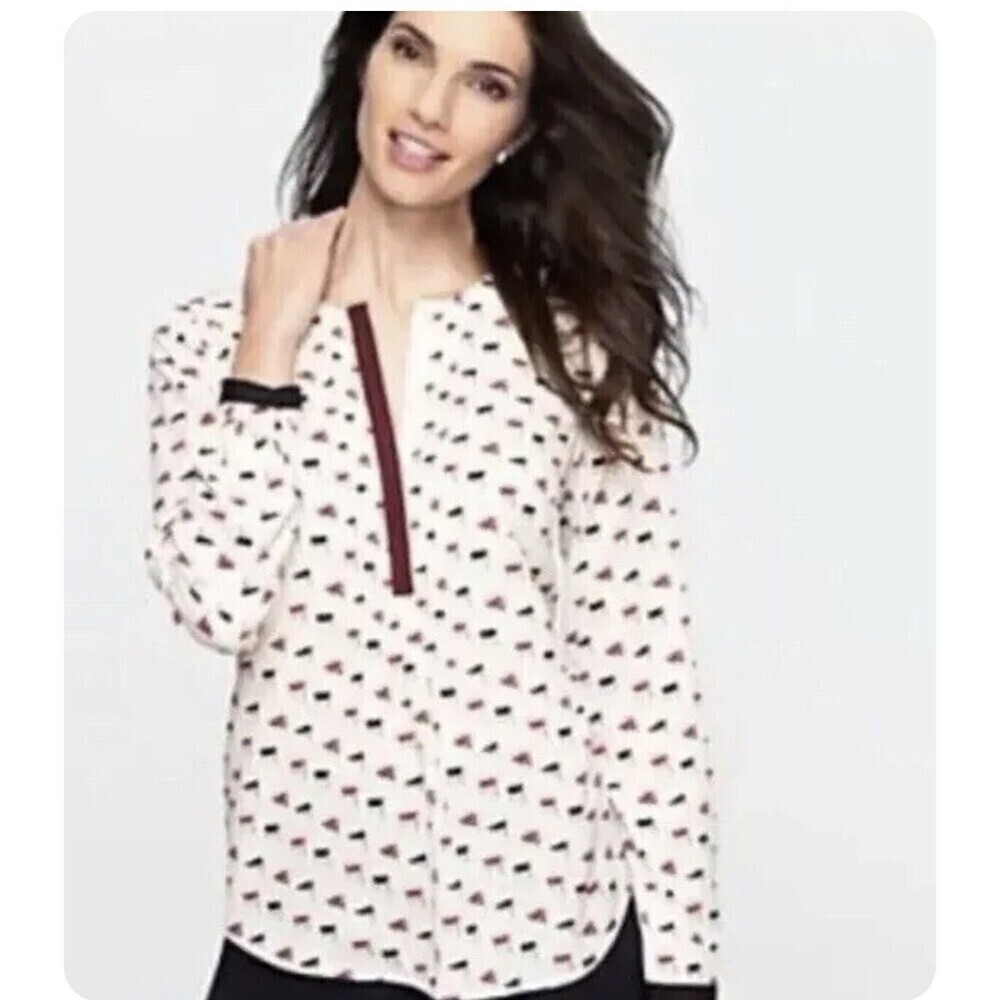 Talbots White and Black Flag Patterned Blouse with Red Trim